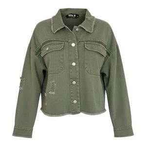 Blue B Collection Junior’s Distressed Twill Cropped Olive Jacket Size Small New